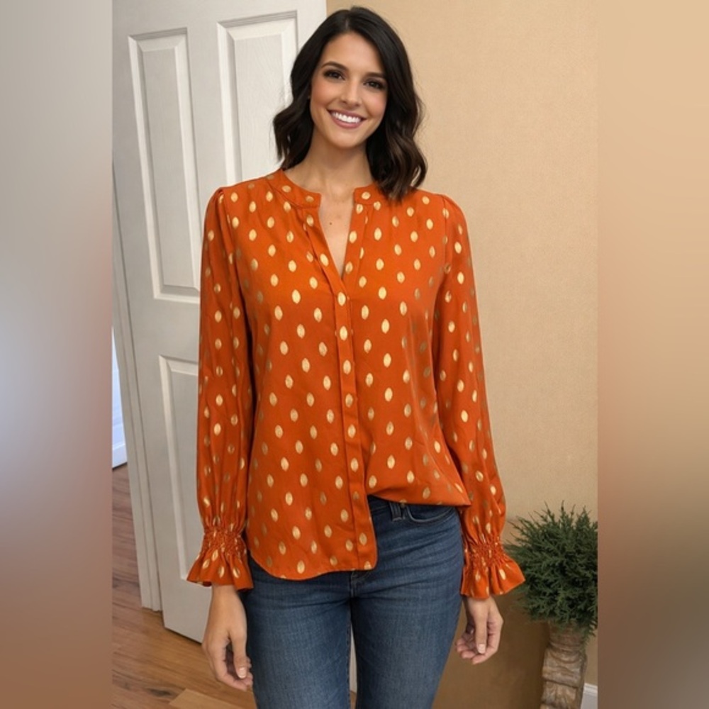SHEIN Orange Blouse with Gold Dot Print
